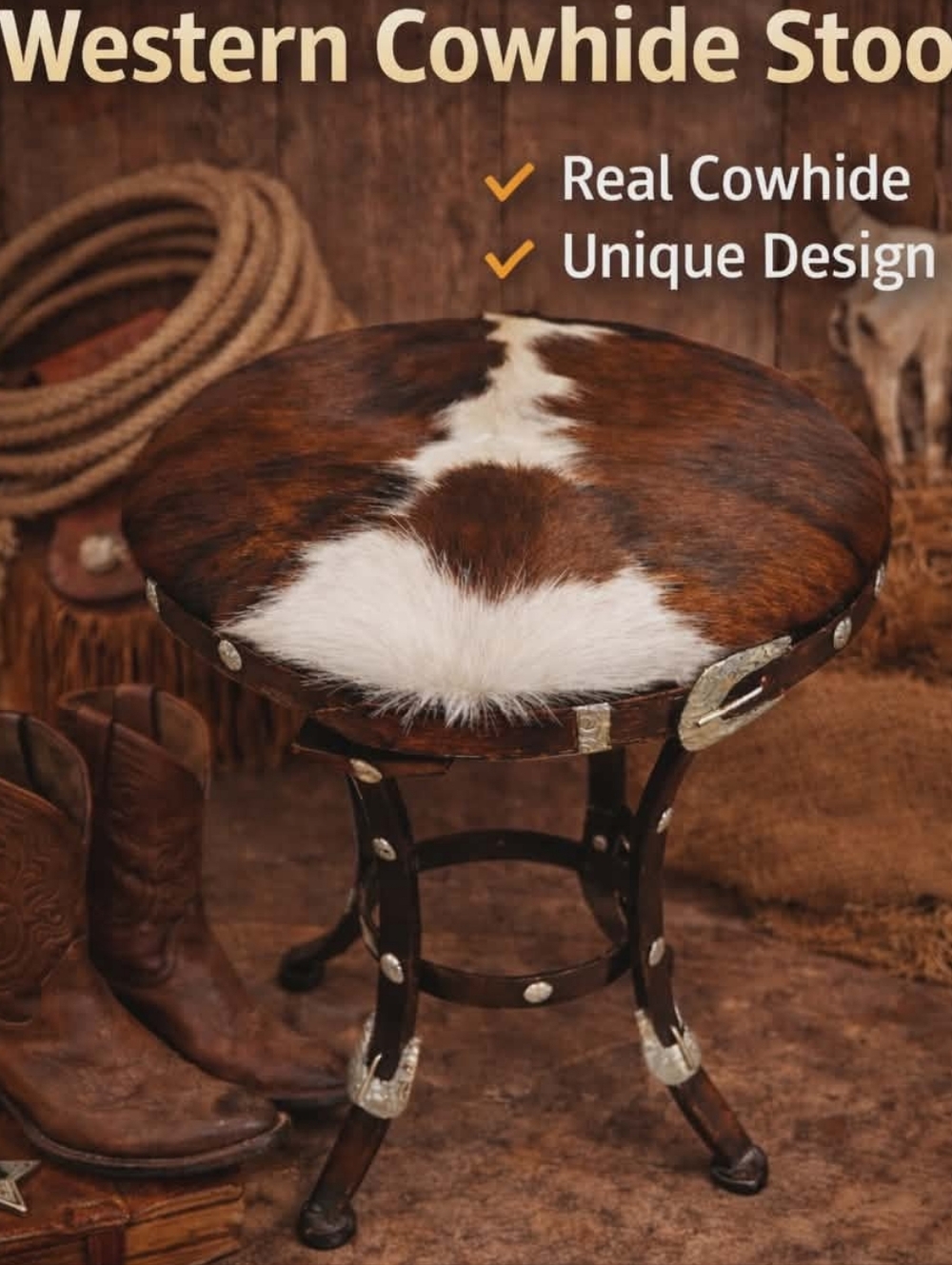 Western Cowhide Belt Foot Stool - Picture 3 of 14
